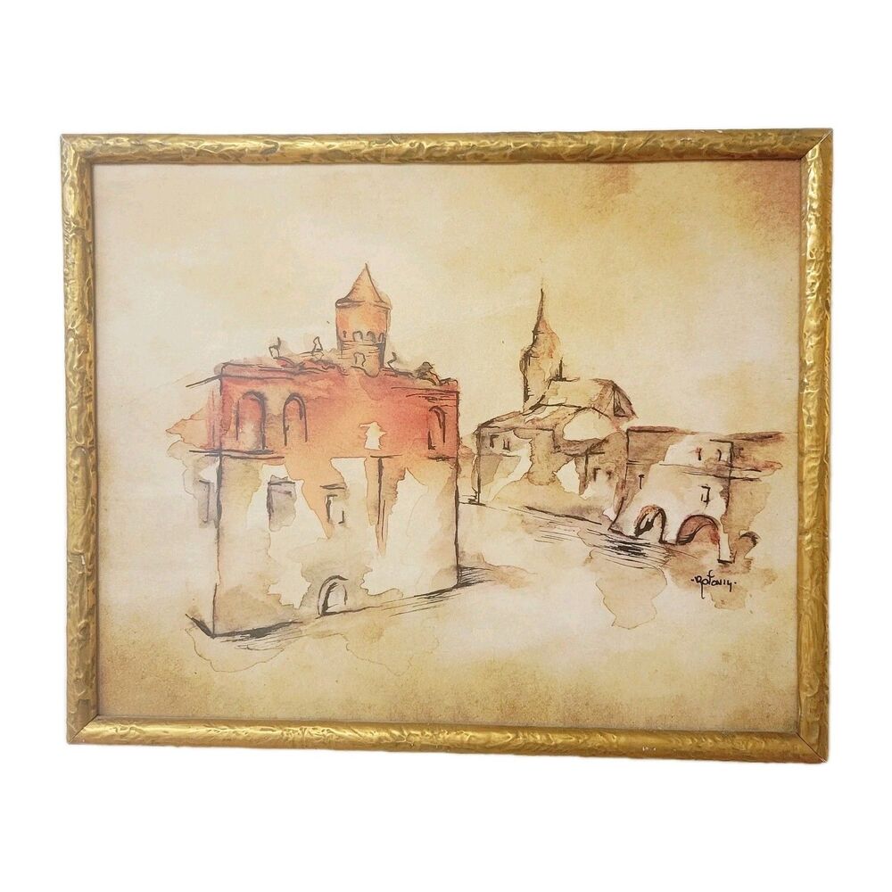 Original Watercolor Painting Tarnów Poland Cityscape Signed Framed Art